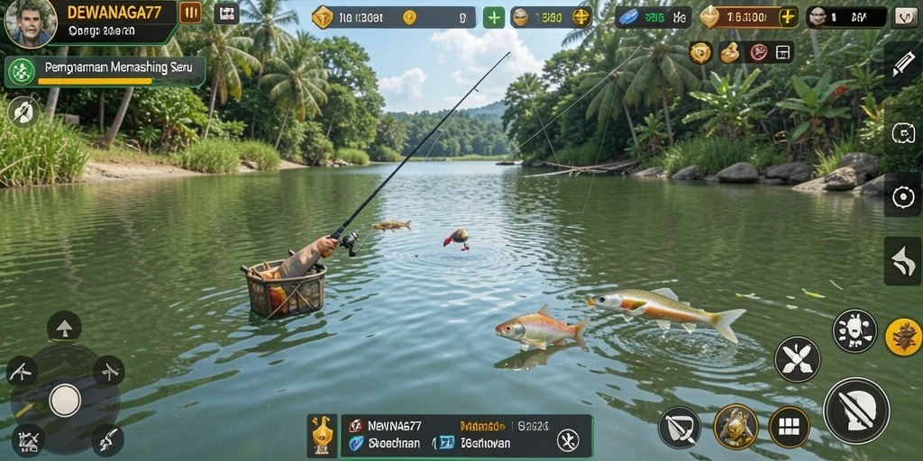 Screenshot utama DEWANAGA77 menunjukkan aksi seru memancing di laut.