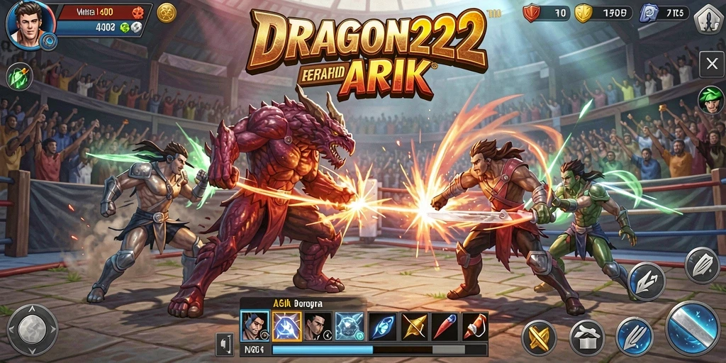 Tampilan gameplay DRAGON222 yang penuh aksi di arena pertarungan.