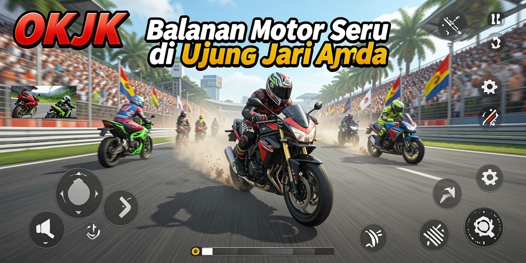 Screenshot dari gameplay OKJK menampilkan balapan motor yang intens.