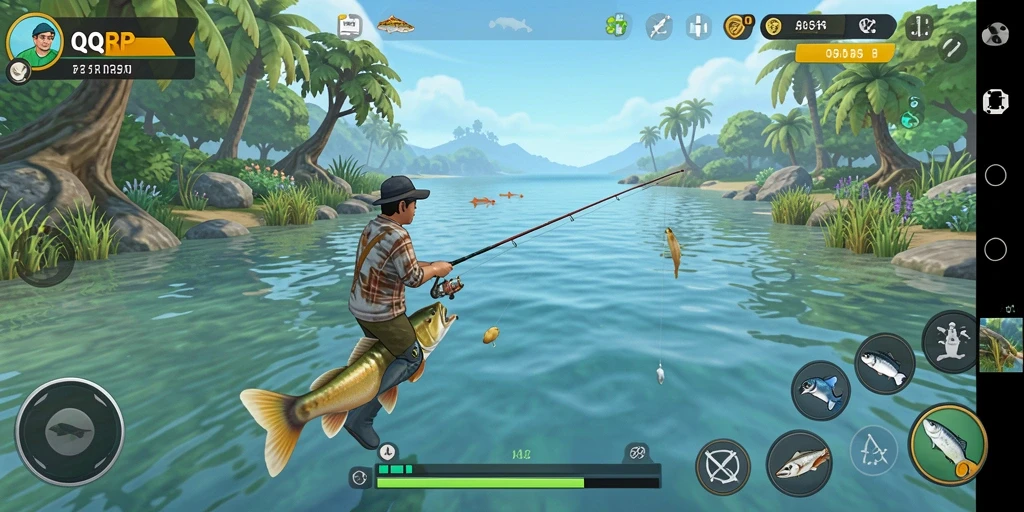 Tampilan gameplay QQRP yang seru saat memancing di danau.