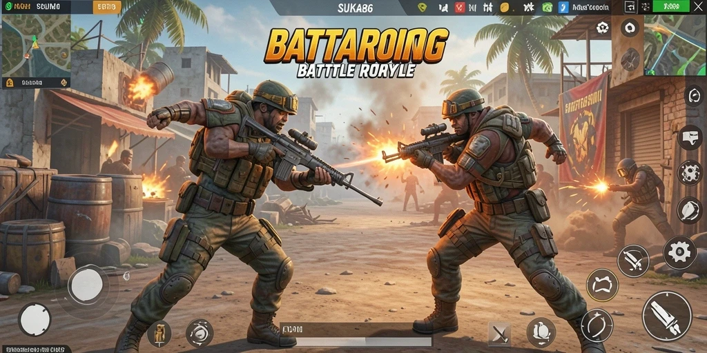 Screenshot gameplay SUKA86 menunjukkan pertarungan seru Battle Royale.