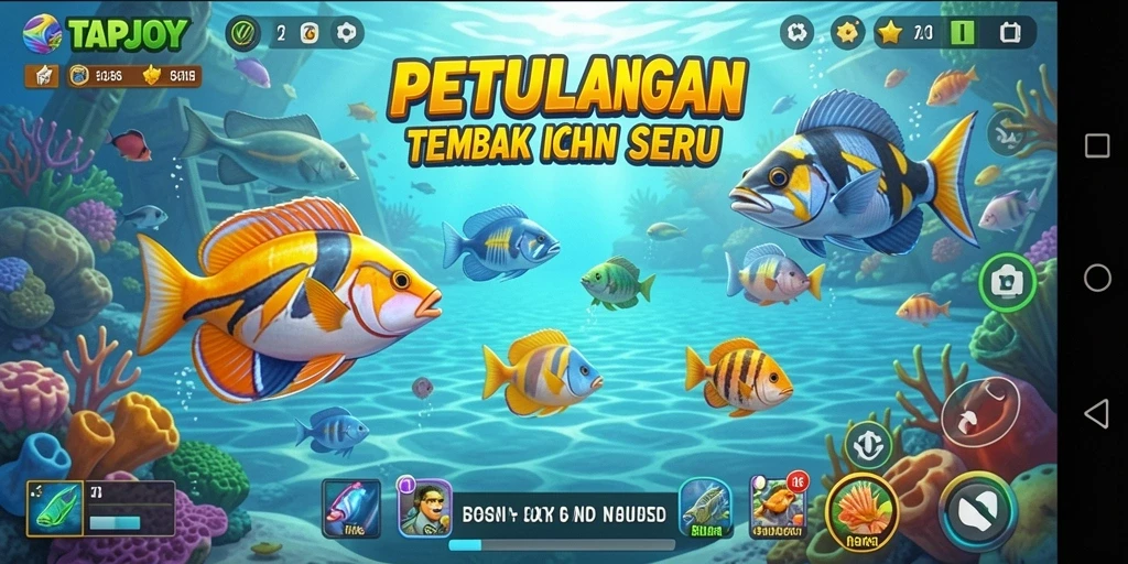 Screenshot TAPJOY menunjukkan aksi menembak ikan yang menarik.